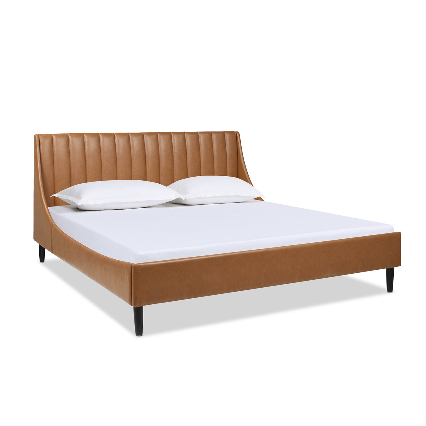 Aspen king platform bed with caramel tan faux leather and vertical tufted headboard, shown with mattress and no bedding.