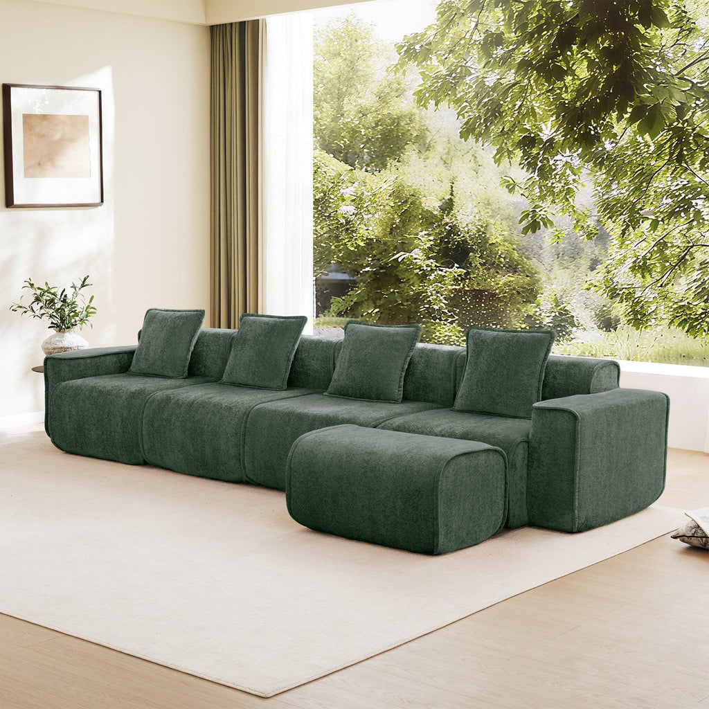 Modular Velvet Sectional Sofa with Ottoman & Pillows.