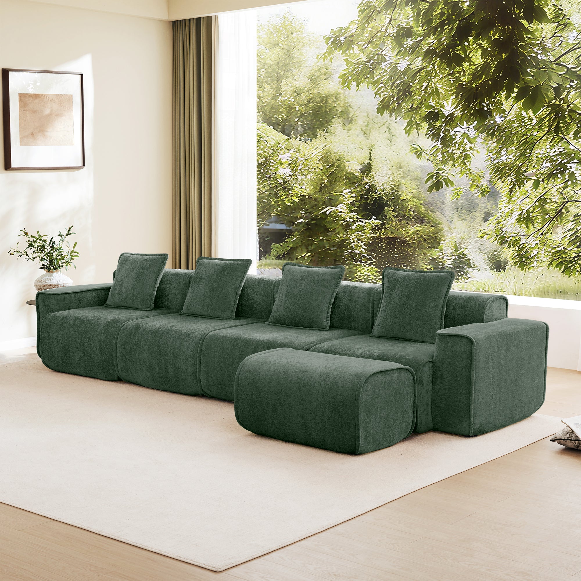 Angled view of green modular velvet sofa with ottoman, highlighting its stable shape and French piping details for elegant interiors.