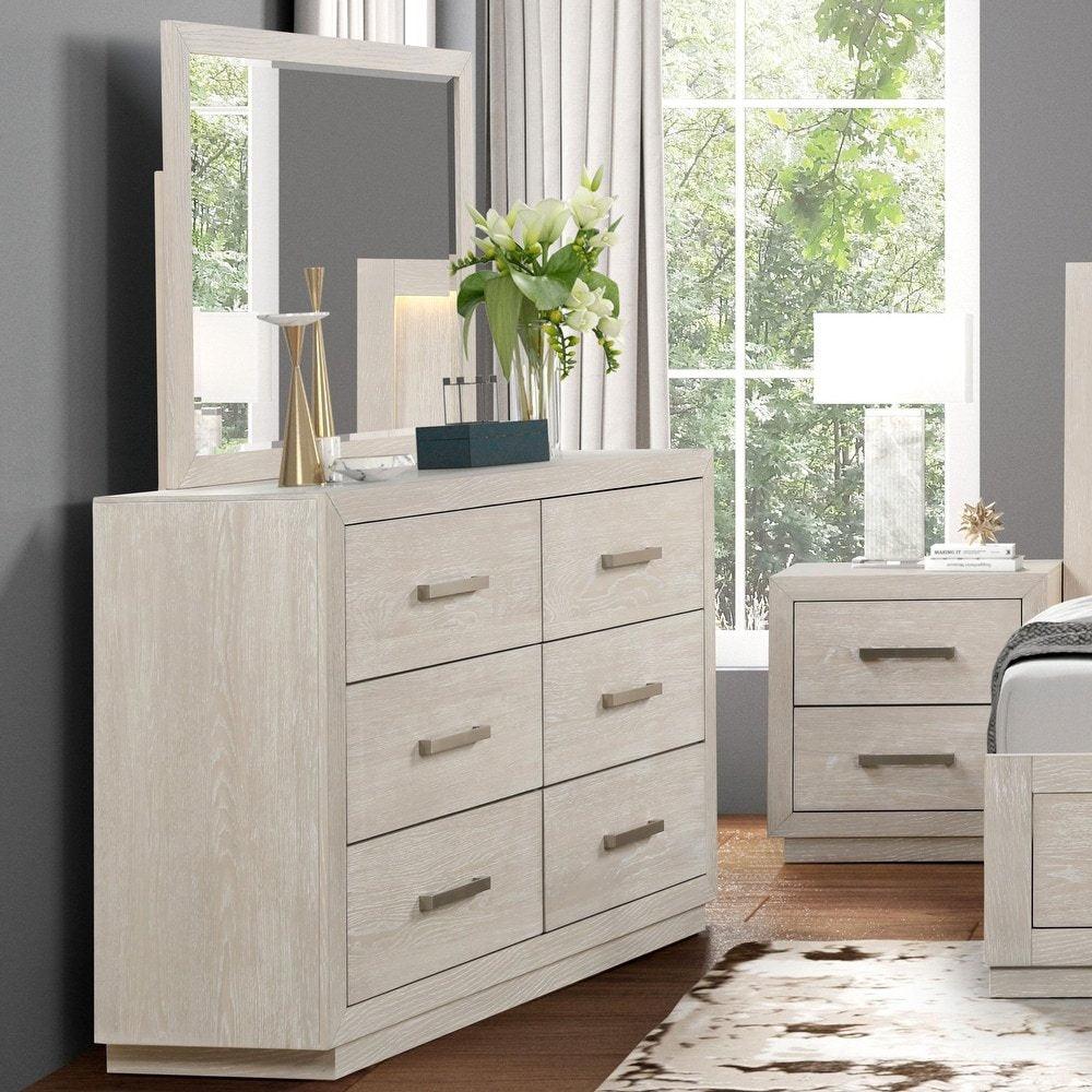 Light Gray Dresser with Mirror - Six Drawers Storage.