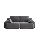 Modern grey 2-seater sectional sofa in corduroy fabric with extra-deep, plush cushions and two small matching pillows.