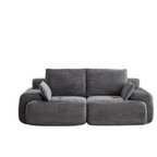 Modern grey 2-seater sectional sofa in corduroy fabric with extra-deep, plush cushions and two small matching pillows.