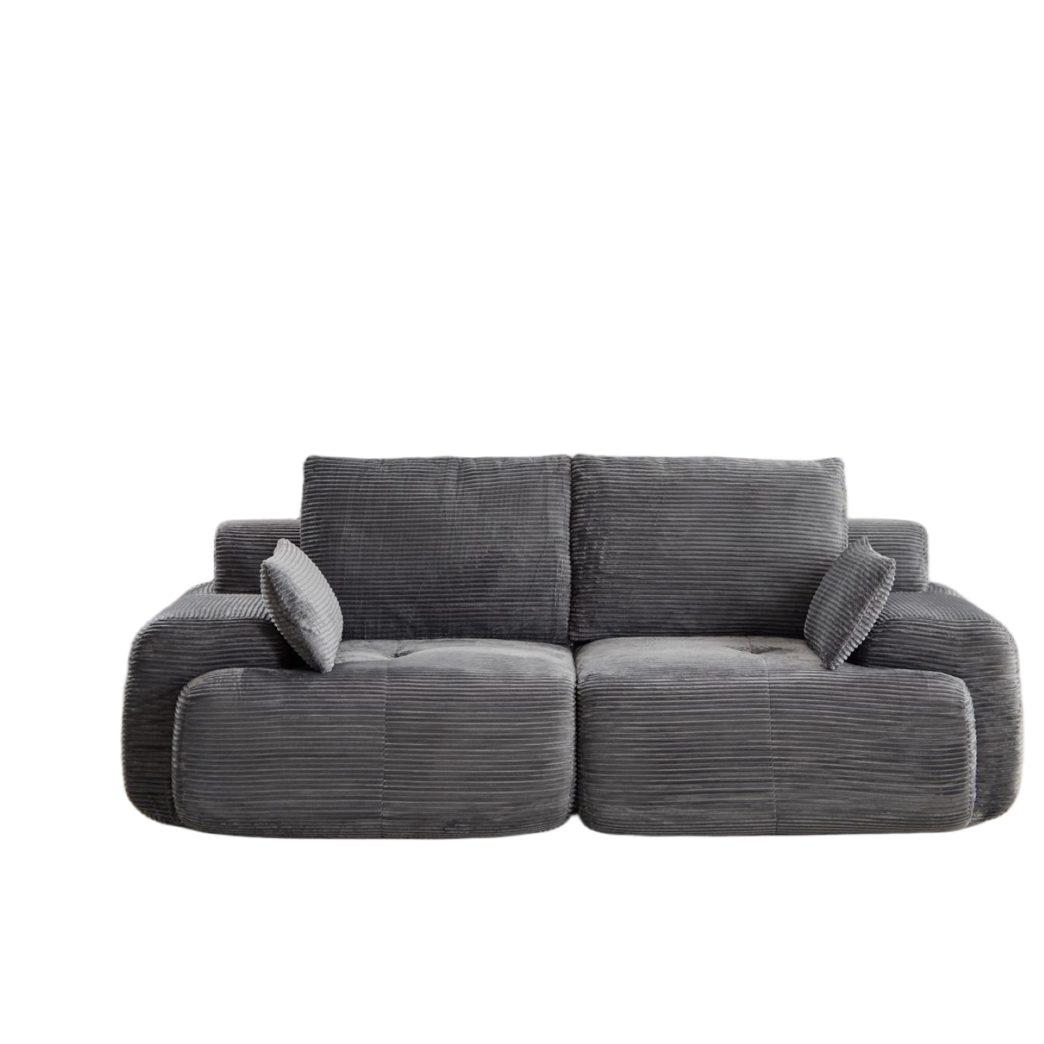 Modern grey 2-seater sectional sofa in corduroy fabric with extra-deep, plush cushions and two small matching pillows.