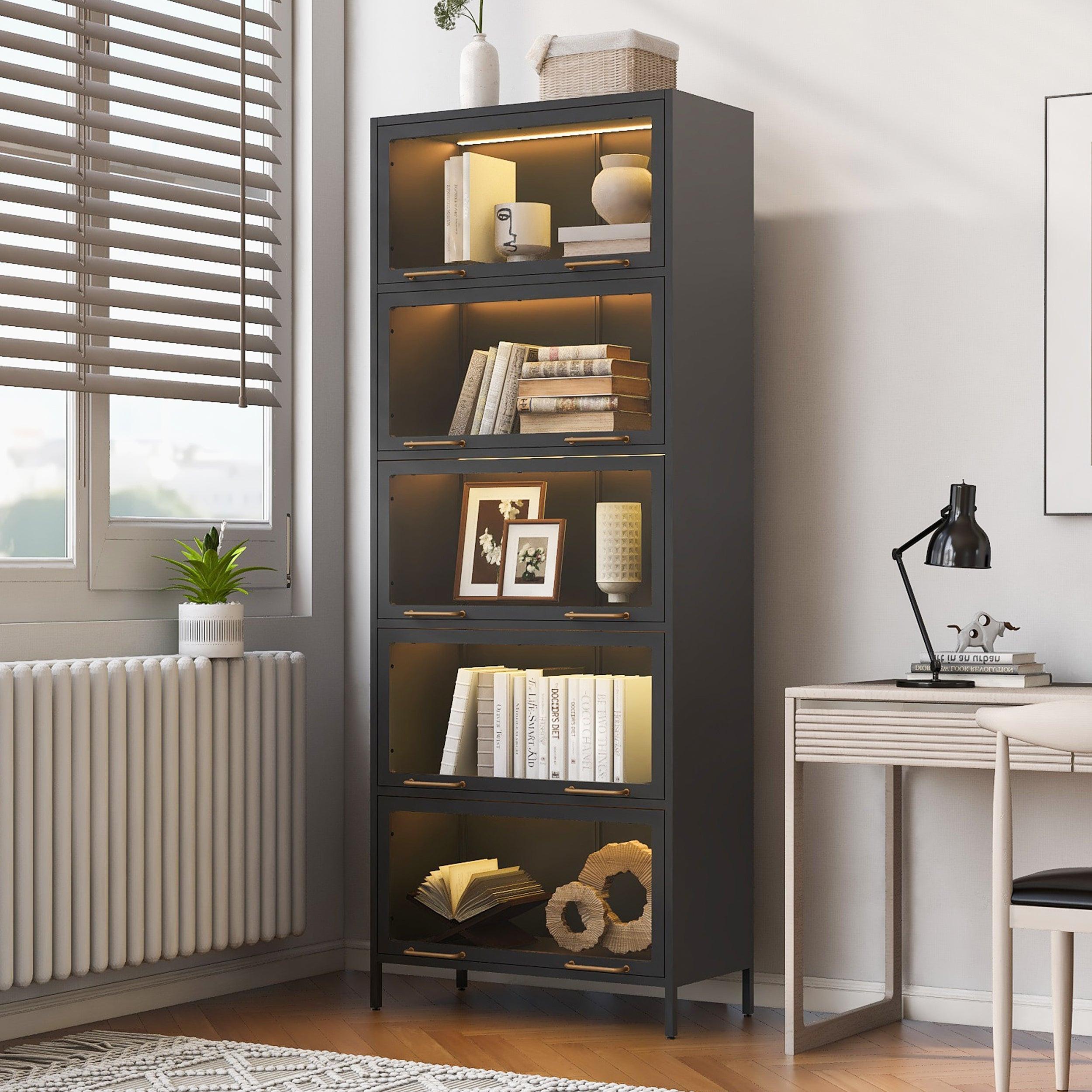 Iron Display Cabinet with Glass Doors - 5-Tier Bookcase.