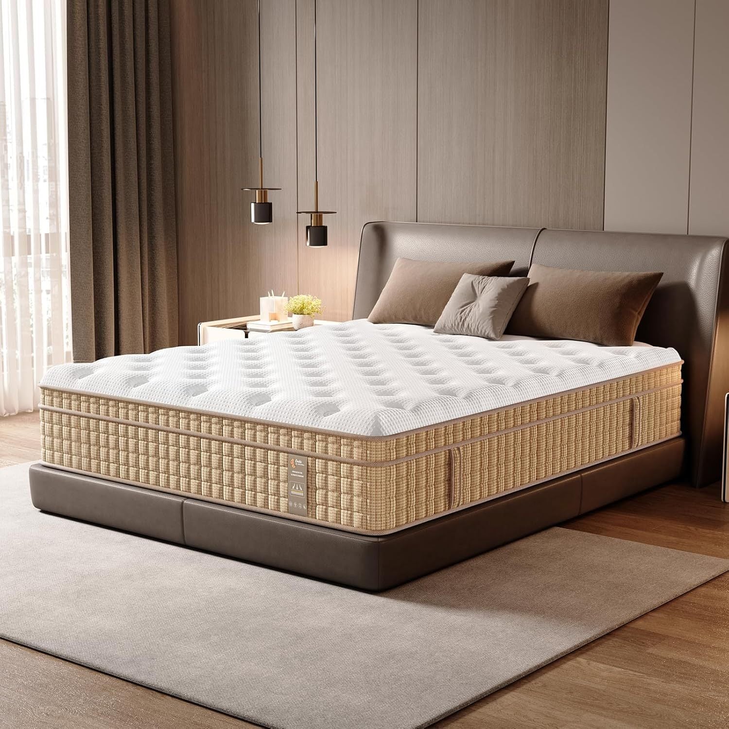 King Gel Memory Foam Hybrid Mattress - 14 Inch, Firm placed in a modern bedroom, showcasing its plush top and supportive build.