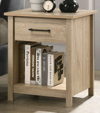 Close-up of Light Oak Nightstand with Drawer - Celeste 20' showing drawer handle and open shelf with books. Stylish and functional bedroom furniture.