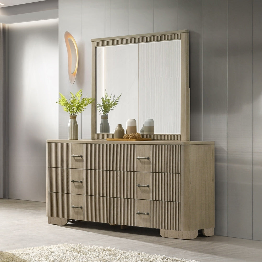 Rustic Oak Bedroom Dresser with matching mirror and decor accents, ideal for transitional bedroom interiors with antique oak finish.