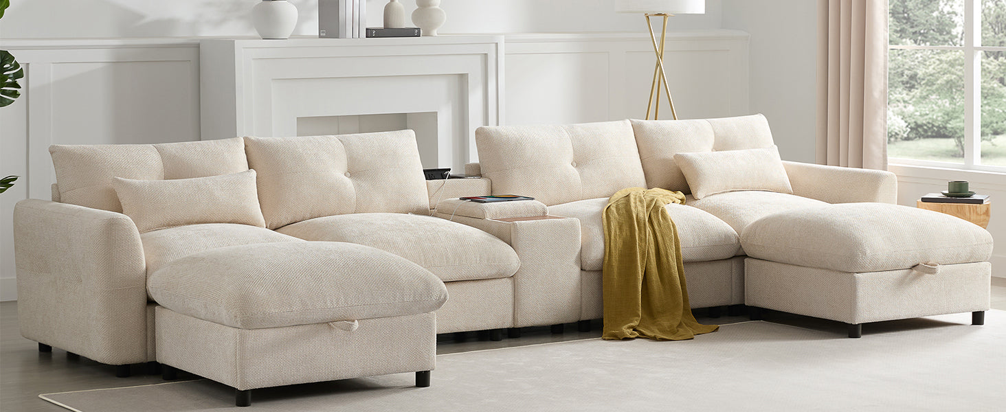 Spacious modular sectional sofa with chaise lounges, storage ottomans, and console. Ideal for large living room relaxation and storage.