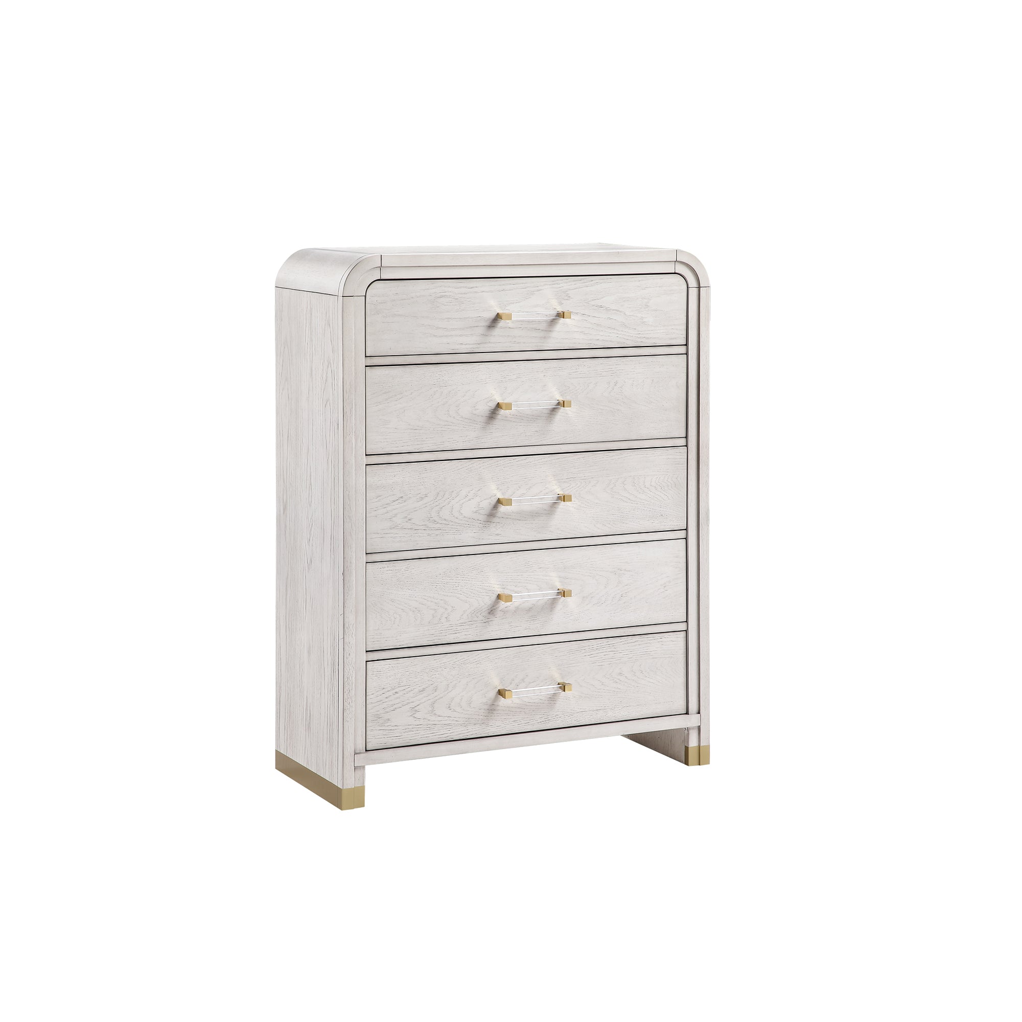 Angled view of Malco Oak Chest showing acrylic handles and gold base accents, crafted from rubberwood with a light oak finish for elegant storage.