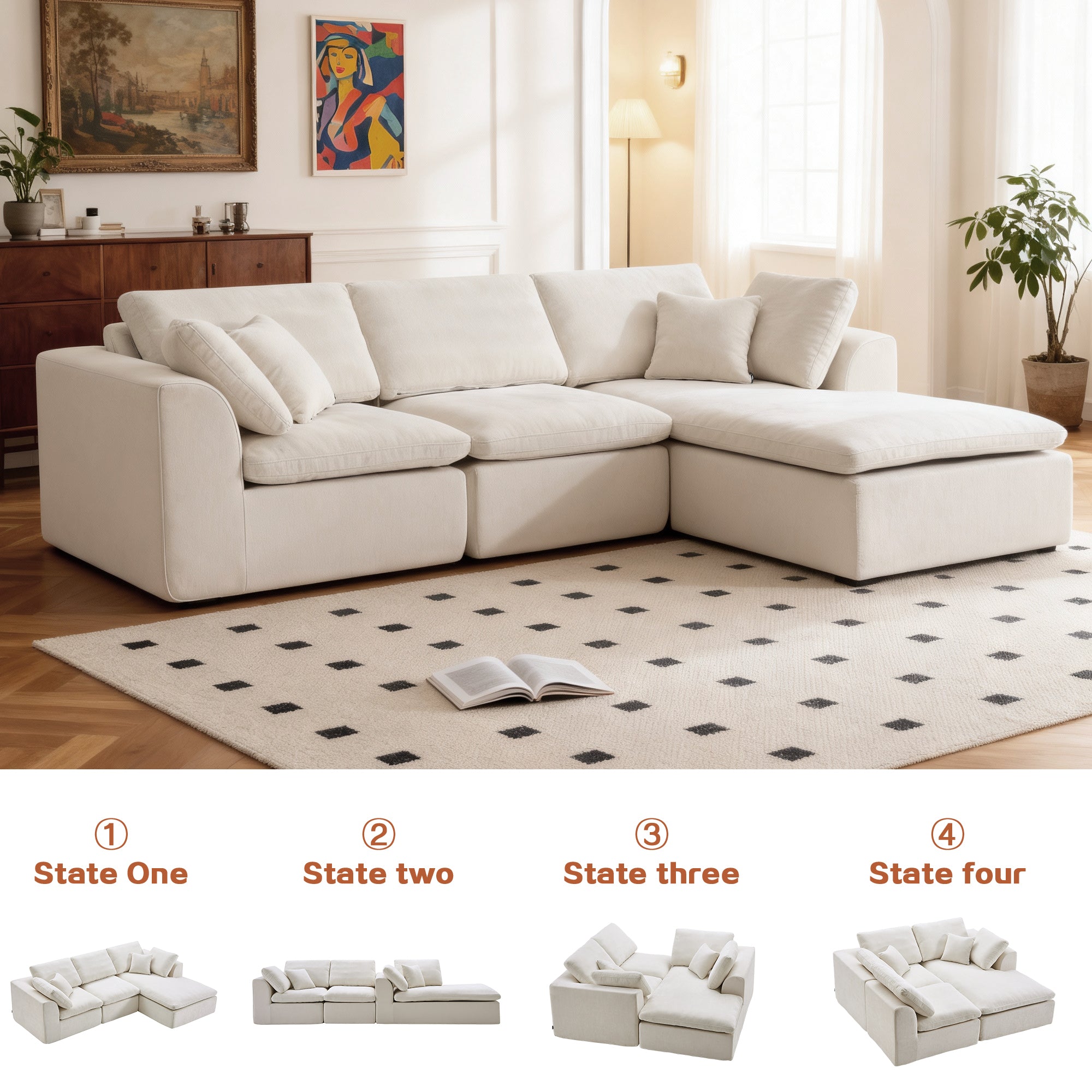 L-Shaped Sectional Sofa - Modern Style with four modular states, offering flexible seating arrangements for any space.