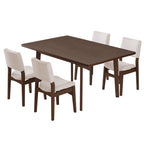 Angled view of modern wood dining set with upholstered chairs. Space-saving and stylish for modern homes.