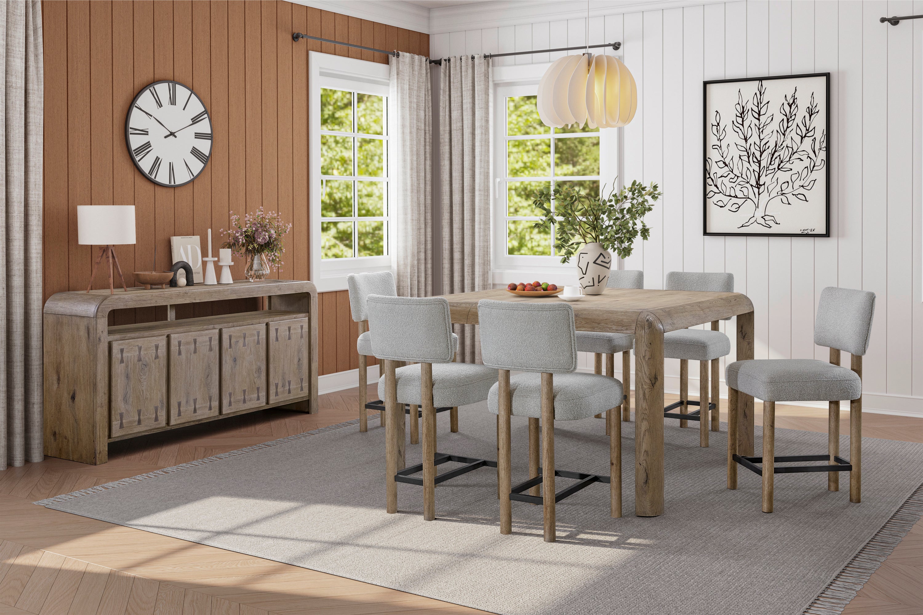 Set of upholstered counter stools with oak finish in modern dining room, complementing rustic wood furniture and neutral decor.