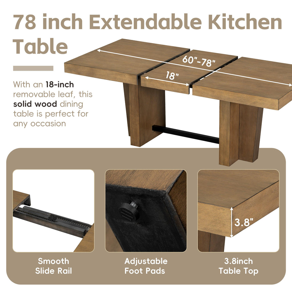 Extendable Wood Dining Table Set for 6 with Bench & Chairs.