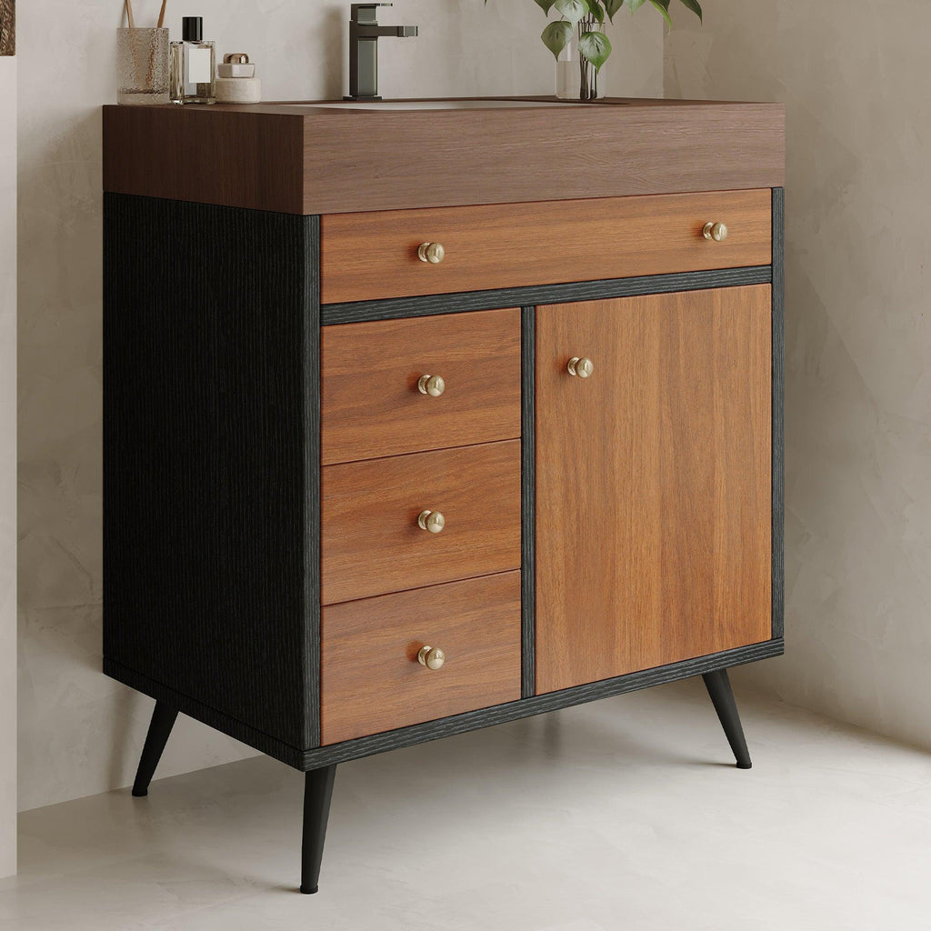 Mid-Century Modern Bathroom Vanity with Ceramic Sink.