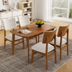 Angled top view of Mid-Century Modern Dining Chairs set of 4 with beige seats around a wooden dining table.
