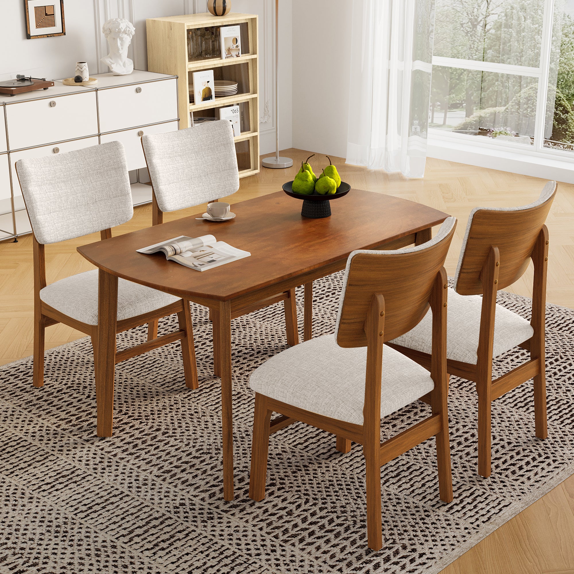 Angled top view of Mid-Century Modern Dining Chairs set of 4 with beige seats around a wooden dining table.