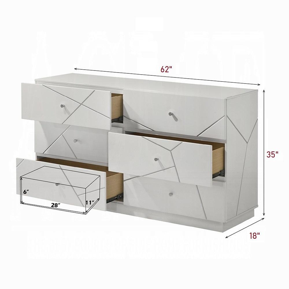 Modern White Dresser with 6 Drawers and Embossed Lines.