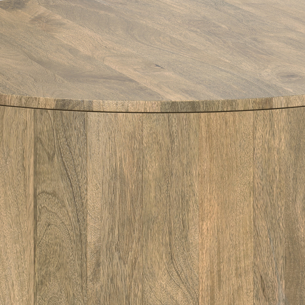 Detailed corner view of the Millbury Drum Coffee Table - Wood, showcasing its seamless drum design and high-quality wood craftsmanship.