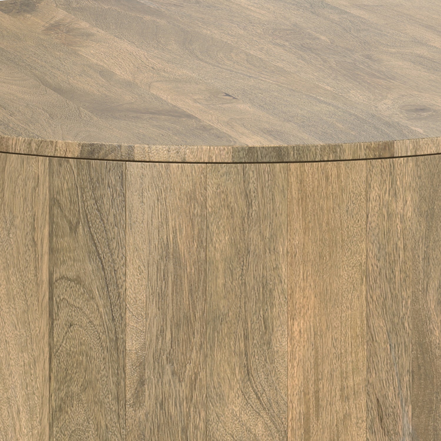Detailed corner view of the Millbury Drum Coffee Table - Wood, showcasing its seamless drum design and high-quality wood craftsmanship.