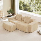 Velvet L Shape Modular Sofa with Ottoman and throw pillows in beige, placed in a sunlit living room with large windows and greenery view.