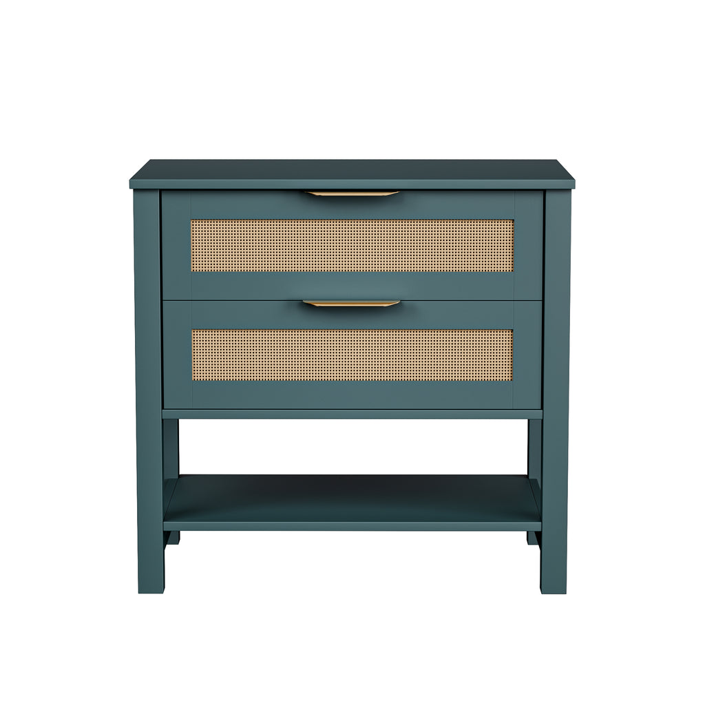 Teal bohemian nightstand with two rattan-inlay drawers, gold handles, and an open storage shelf.