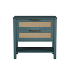 Teal bohemian nightstand with two rattan-inlay drawers, gold handles, and an open storage shelf.