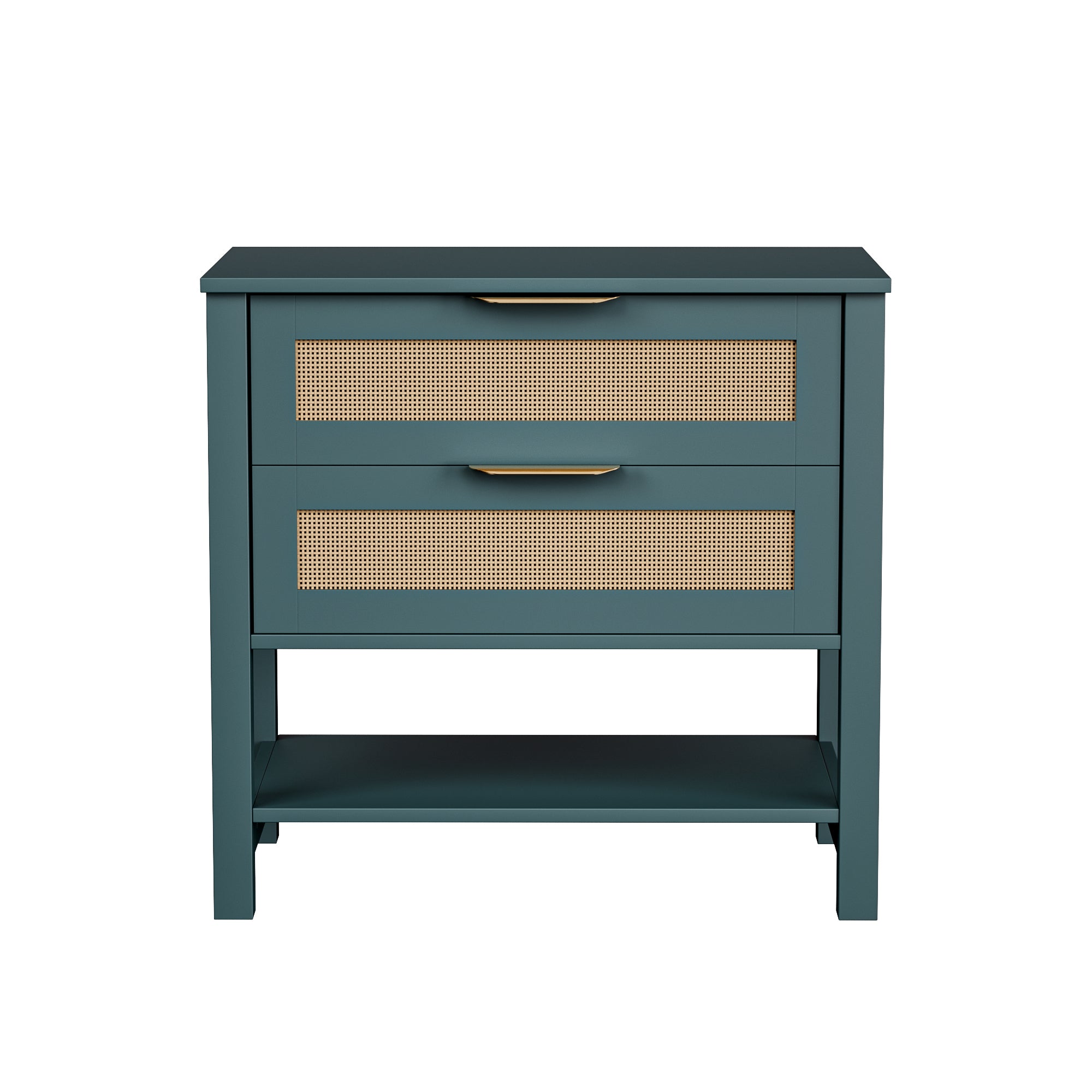 Teal bohemian nightstand with two rattan-inlay drawers, gold handles, and an open storage shelf.