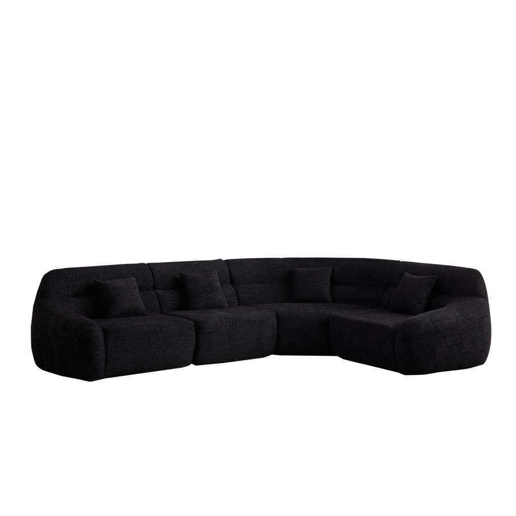 Angled view of Modern Black Modular Sofa - Luxury Chenille with plush cushions and curved design, perfect for luxury living spaces.