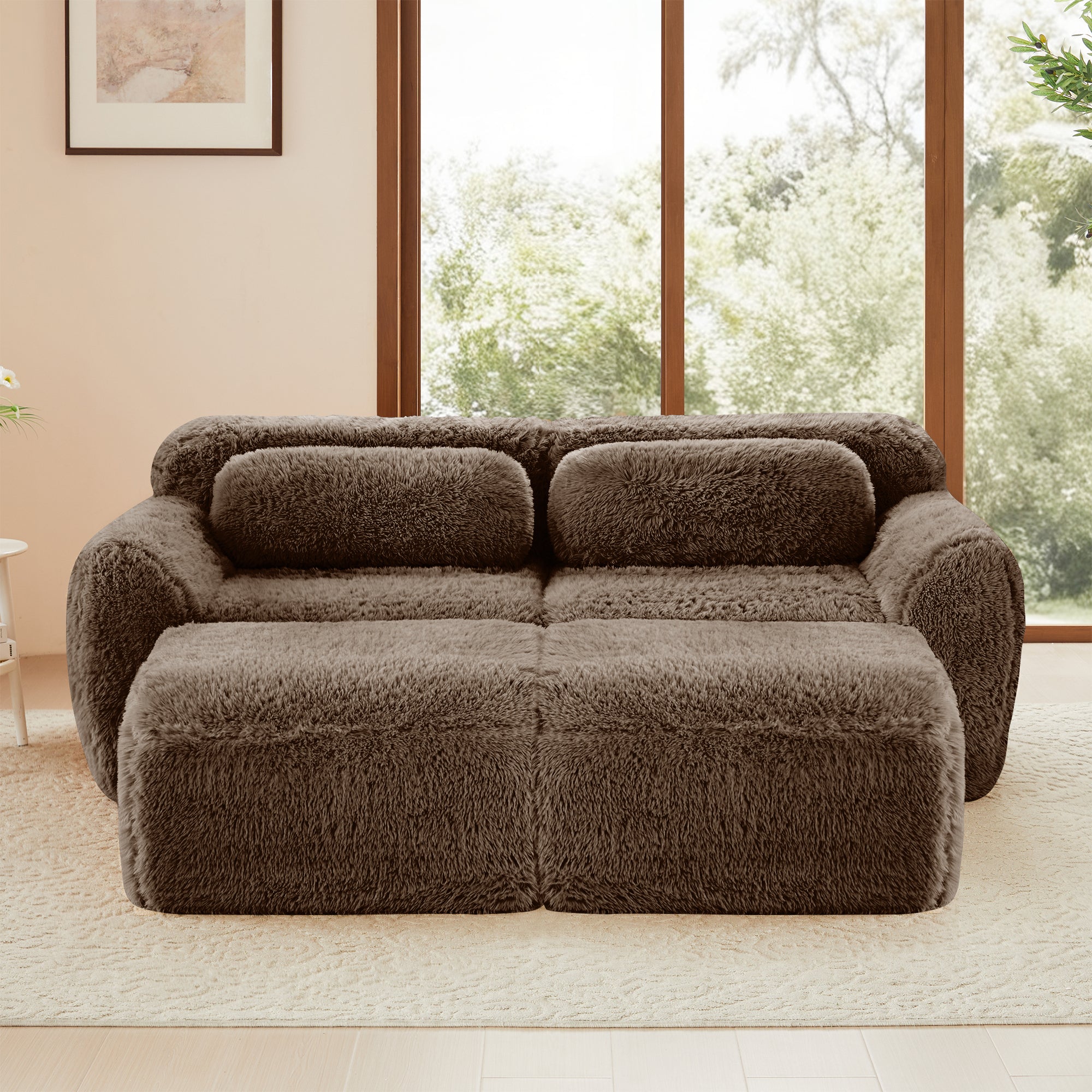 Modular Sofa - Plush, No Assembly | 80'' Fabric, Anti-Slip; front view of cozy brown modular sofa with ergonomic cushions and soft plush fabric.