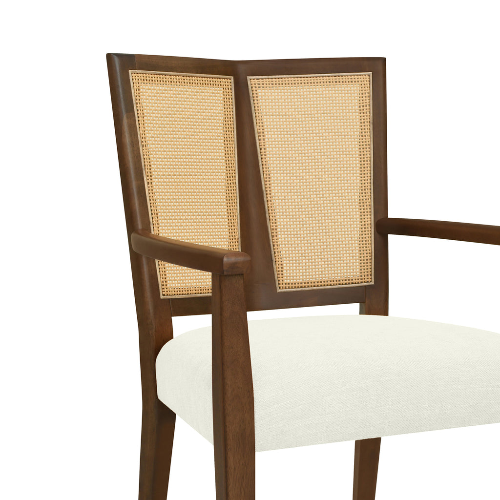 Close-up of Mid-Century Rattan Dining Chair armrest and backrest, highlighting the craftsmanship of the rattan weave and wood frame.