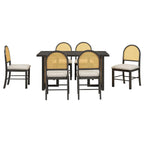 TREXM 7-Piece Farmhouse Dining Table Set for 6 - 59.8' Rectangular Dining Table with Distressed Oak Veneer and 6 Rattan Chairs, Rustic Kitchen Furniture for Dining Room(Espresso)