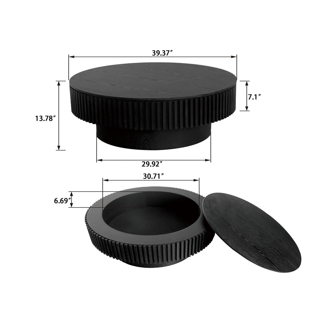 39.37'' Round Coffee Table with Storage Solid Wood Veneered Modern Coffee Table Accent Tea Table for Living Room, Bedroom, Apartment or Office, Black.