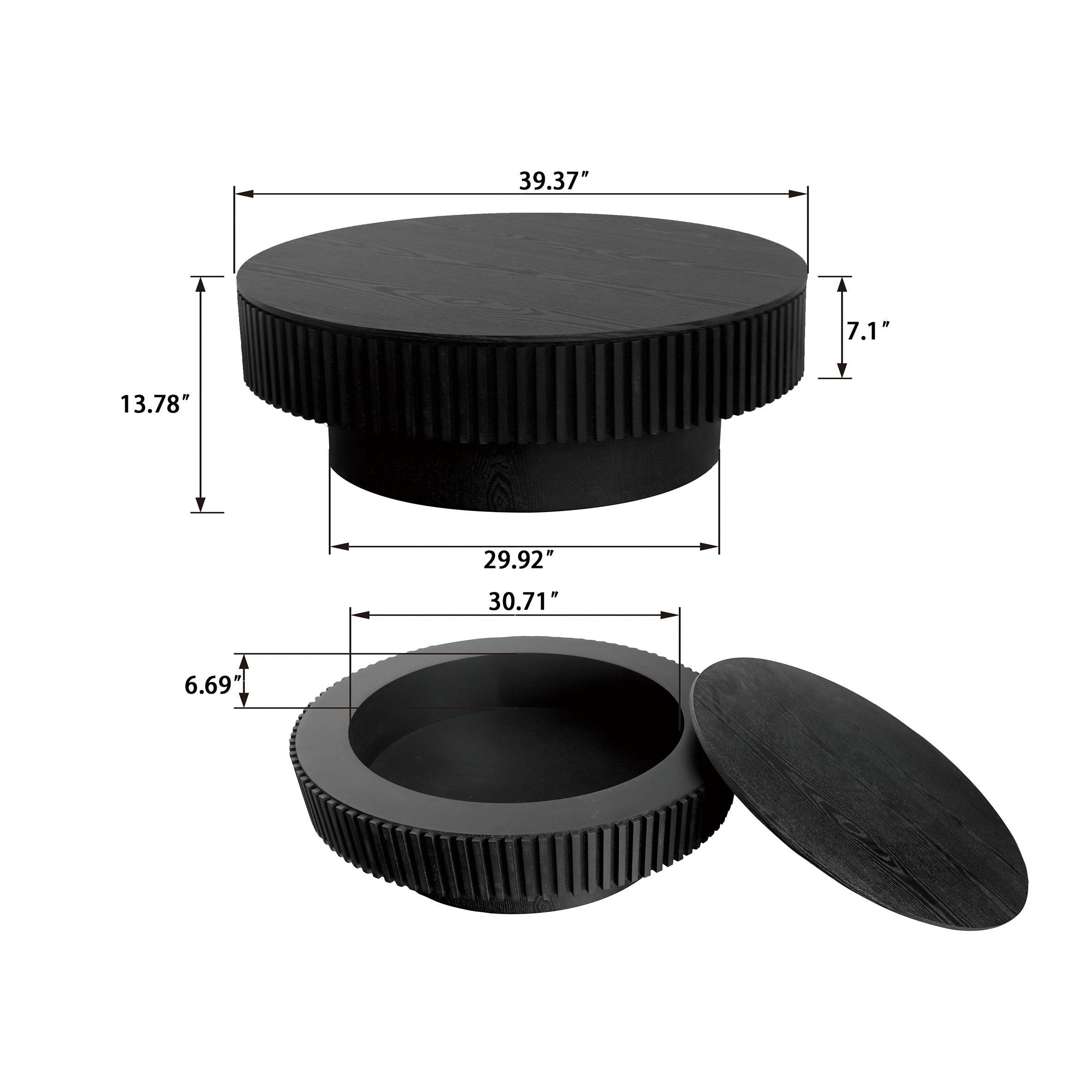 39.37'' Round Coffee Table with Storage Solid Wood Veneered Modern Coffee Table Accent Tea Table for Living Room, Bedroom, Apartment or Office, Black.