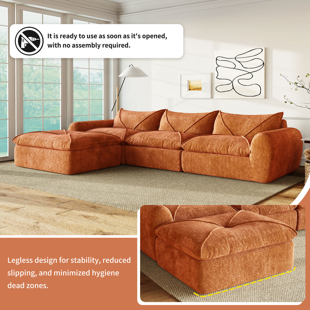 116'' compressed sofa no assembly with legless design for stability and hygiene, ready to use instantly without tools or setup.