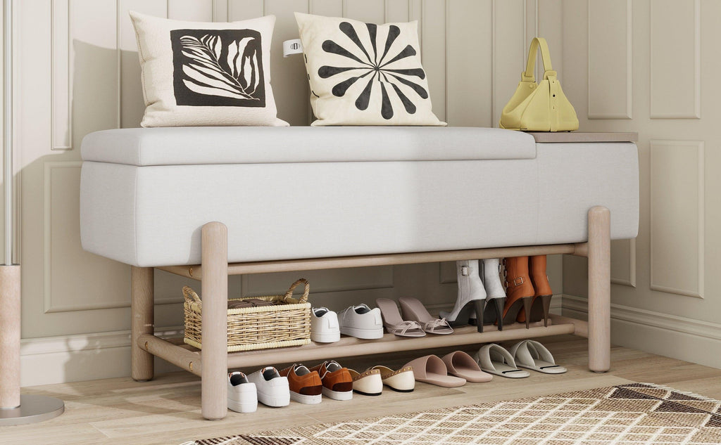 TREXM Farmhouse Upholstered Storage Bench with Hidden Compartment, Modern Entryway Bench for Living Room, Entryway, and Hallways (Natural).