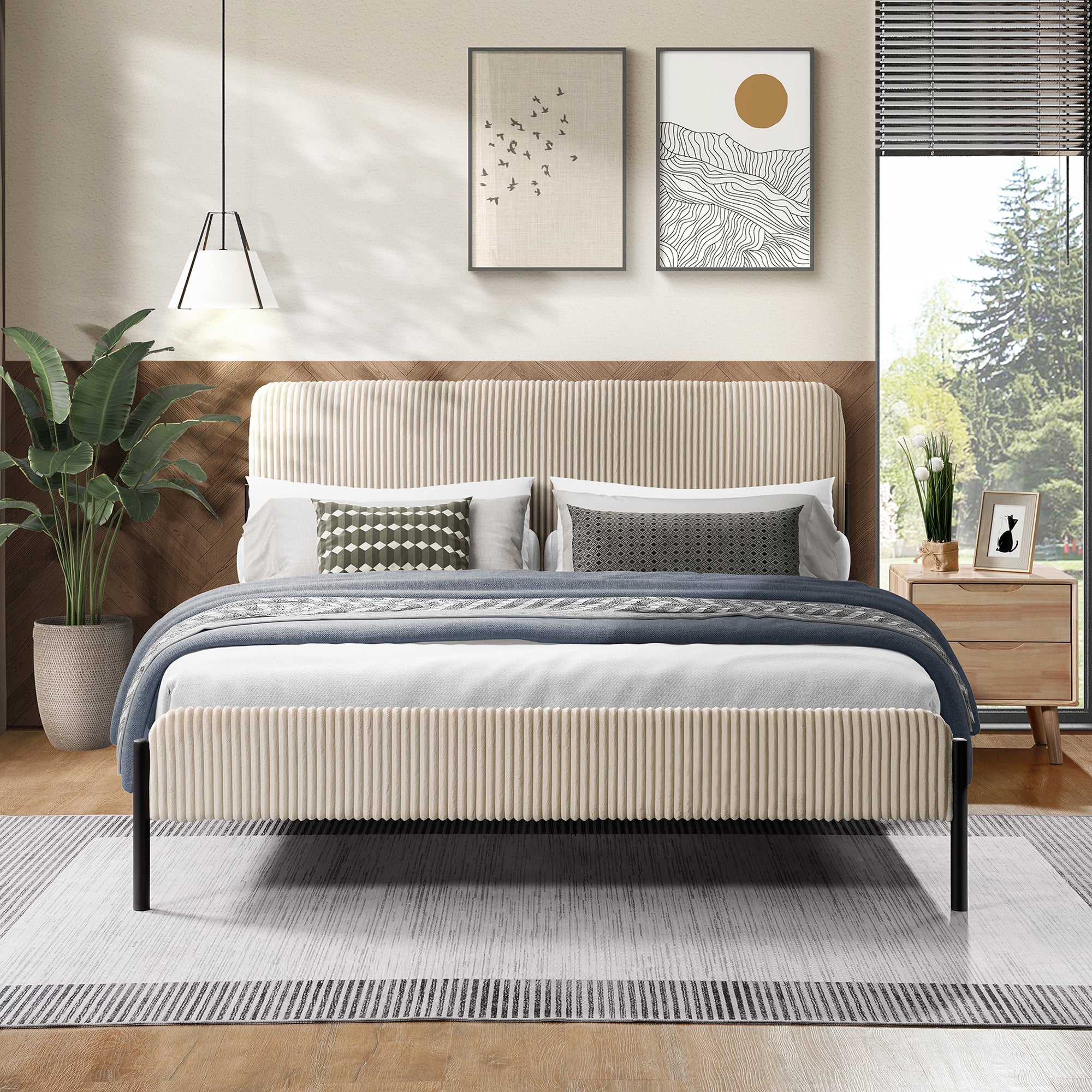Cream Corduroy Queen Upholstered Bed With Metal Leg