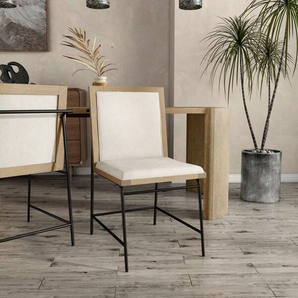 Contemporary Oak Beige Dining Chairs with metal legs in a modern dining room setting, featuring wood flooring and neutral decor.