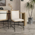 Contemporary Oak Beige Dining Chairs with metal legs in a modern dining room setting, featuring wood flooring and neutral decor.