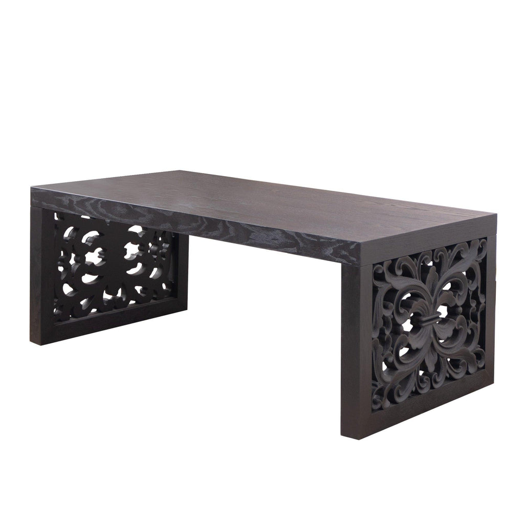 47.2' Solid Black Carved Wood Coffee Table – Handcrafted Look with Ornate Side Panels.
