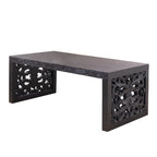 47.2' Solid Black Carved Wood Coffee Table – Handcrafted Look with Ornate Side Panels.