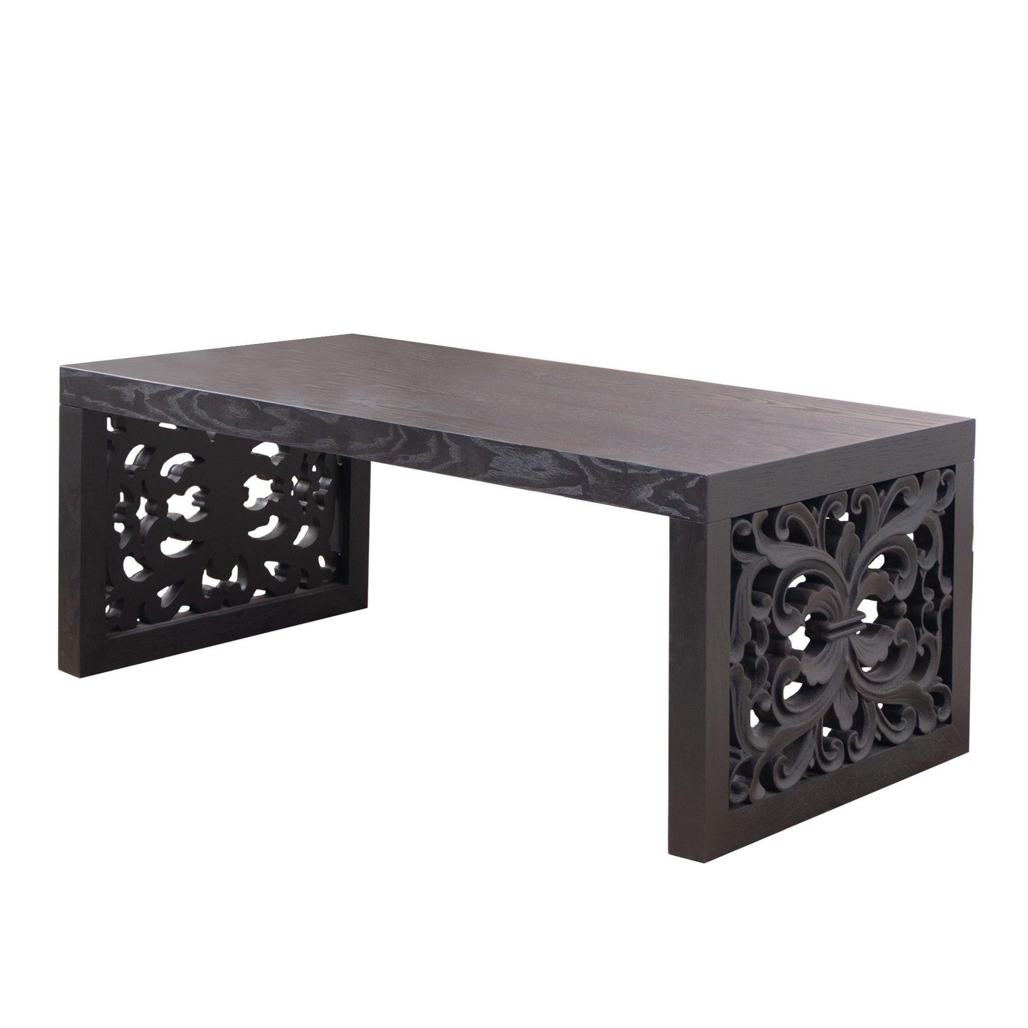 47.2' Solid Black Carved Wood Coffee Table – Handcrafted Look with Ornate Side Panels.