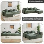 Multiple layout options of 114-inch modular corduroy sofa displayed in various room settings, highlighting its flexible configuration.