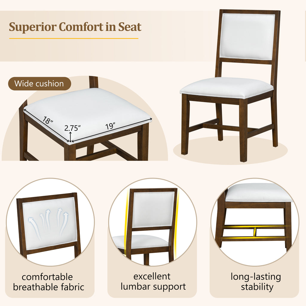 Upholstered chair from Farmhouse Dining Set with breathable fabric, lumbar support, and wide cushion for superior seating comfort.