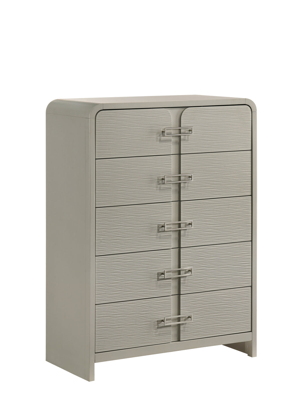 Aria 5-Drawer Chest with Metal Handles in sleek modern design, featuring textured drawer fronts and a smooth grey finish for stylish bedroom storage.