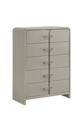 Aria 5-Drawer Chest with Metal Handles in sleek modern design, featuring textured drawer fronts and a smooth grey finish for stylish bedroom storage.