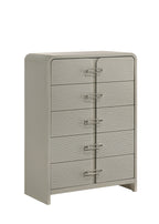 Aria 5-Drawer Chest with Metal Handles in sleek modern design, featuring textured drawer fronts and a smooth grey finish for stylish bedroom storage.