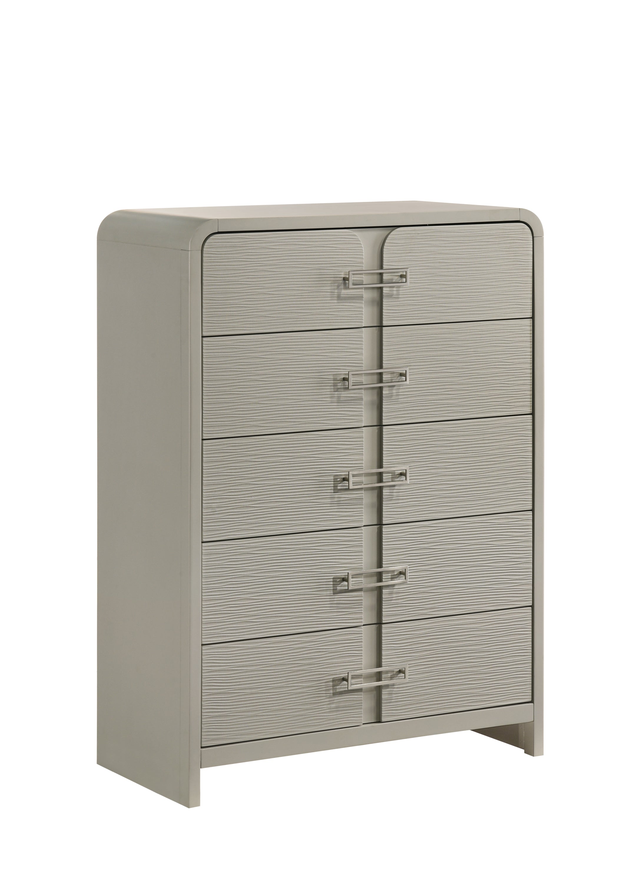 Aria 5-Drawer Chest with Metal Handles in sleek modern design, featuring textured drawer fronts and a smooth grey finish for stylish bedroom storage.