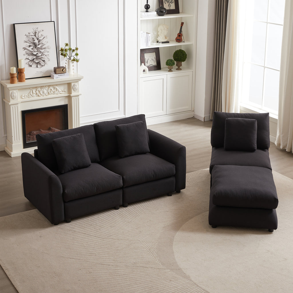 Separated modular sofa sections with ottoman, demonstrating flexible configuration options for small or large living areas.