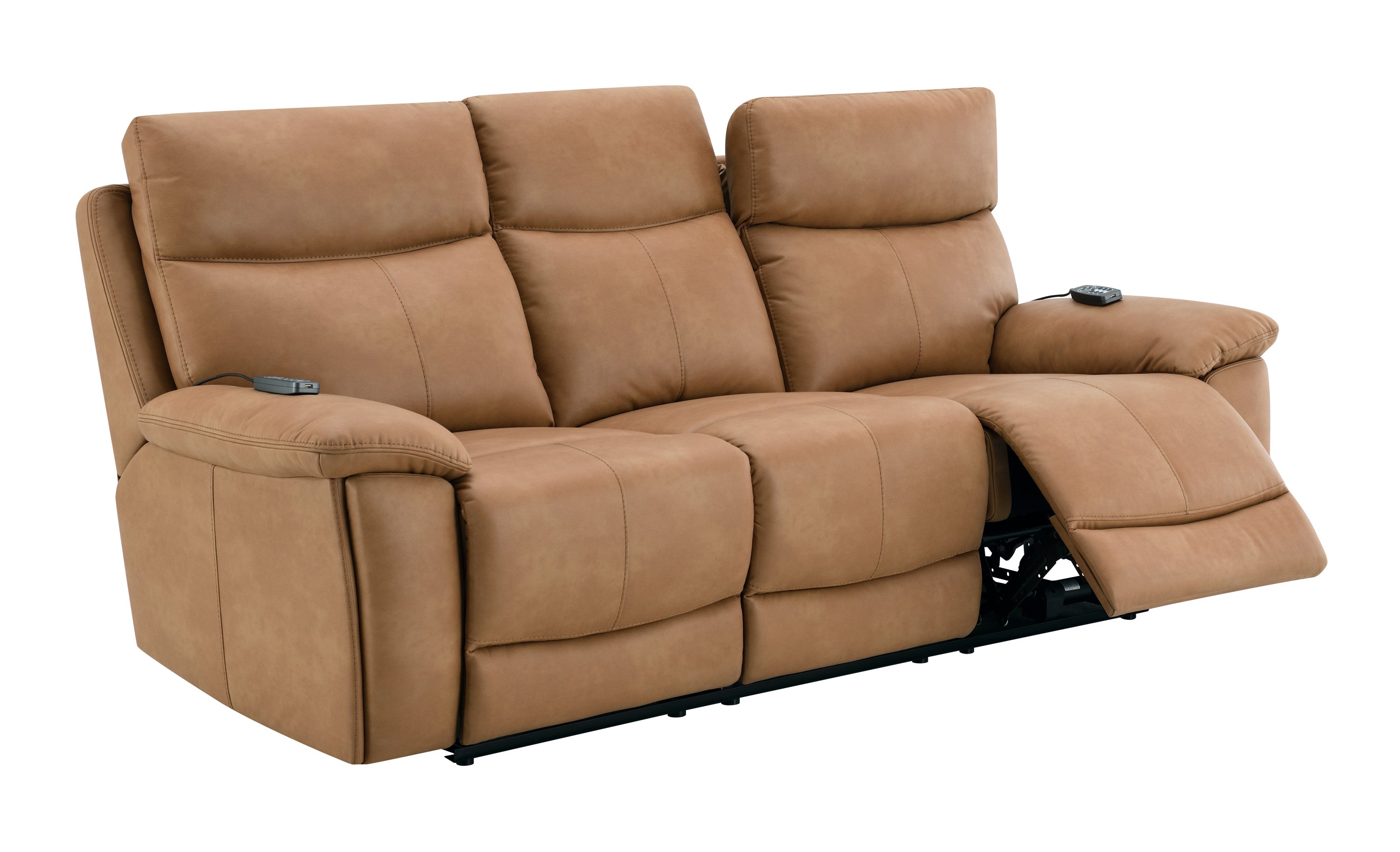 Brown leather sofa reclining with USB and power headrest, featuring three seats and plush cushioning for modern living rooms.
