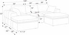 Dimension diagram of modular sectional with ottomans. Includes measurements for width, depth, height, and seat dimensions.